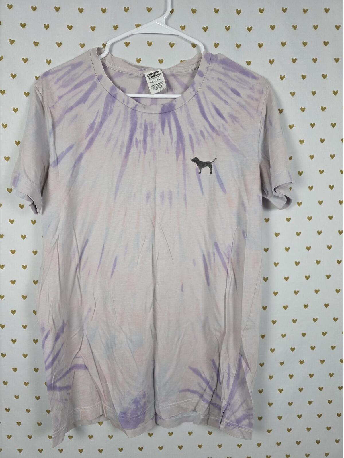Victorias Secret Pink Tye Dye Purple Dog Logo Tee Shirt Small Oversized
